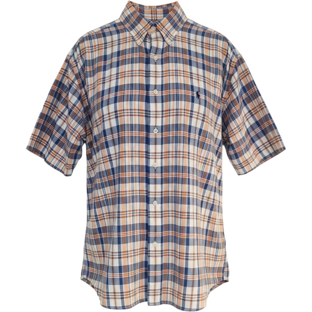 Polo Ralph Lauren Blaire Mens Medium Blue Orange Plaid Short Sleeve Button Shirt